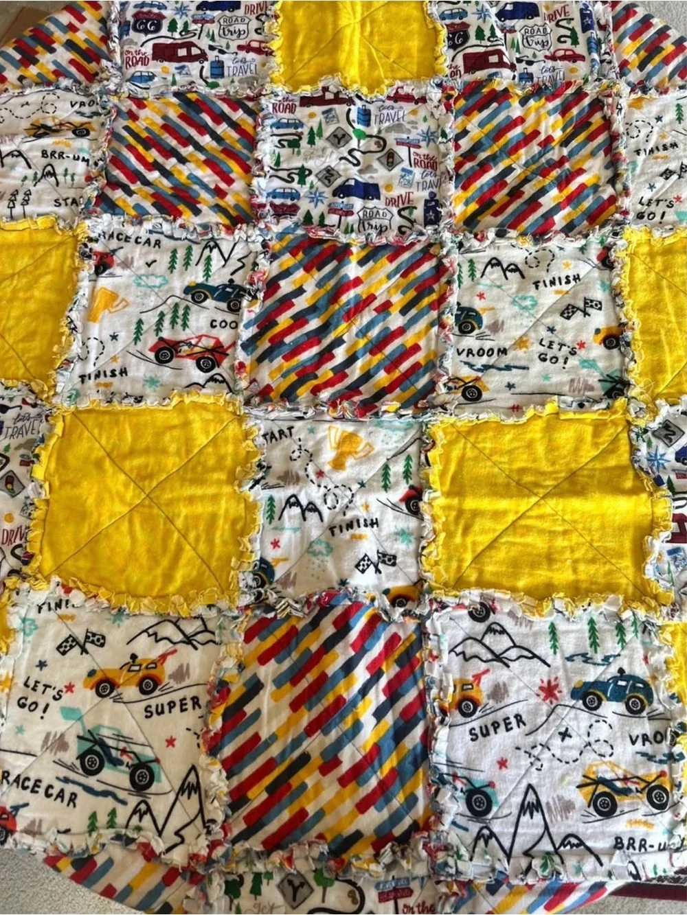 Homemade Patchwork 37x25 Inch Race Car Kids Quilt